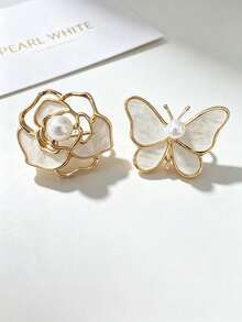 1pc Hollow High-End Floral Brooch, Korean Style Camellia And Pearl Butterfly Brooch Pin, Suitable For Women's Daily Wear Decoration - Multicolor - View 9