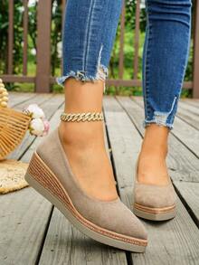 European & American Style Suede Wedge Heel Thick Sole Plus Size Women's Pumps, Spring/Autumn New Pointed Toe Low Vamp Slip-On High Heel Shoes For Outdoor Wear - Khaki - View 2