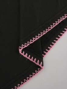 New Chinese Floral Embroidery Long Sleeve Tee, Black Stand Collar Pink Stitch Split Hem Slim Fall Daily Top - Black - View 11