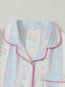 Floral & Heart Print Short Sleeve & Shorts Women's Pajama Set - Blue - View 2