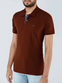 Ogochi Men's Basic Plain Polo Shirt With Logo, No Pocket, Original - 巧克力棕 - 查看 3