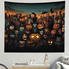 1 Pieza Tapiz Ilustrado con Tema de Halloween de "Huerto de Calabazas Peligroso", Adecuado para Decoraciones de Pared Interiores y Exteriores, Decoraciones Colgantes de Fondo, Telones de Fondo Festivos, Diseño Divertido, Fácil de Colgar y Decoración del Hogar. - Multicolor - Ver 2