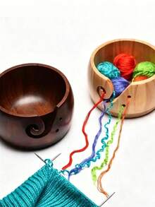 1pc Wooden Yarn Bowl, Knitted Knitting Storage Basket With Handmade Holes To Prevent Slipping, Suitable For Crochet Knitting DIY Art Craft Tools - Multicolor - View 4