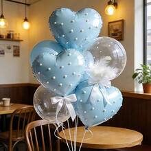 10Pcs Blue Heart Foil & Bobo Balloons Set With White Feathers Pearls Ribbon Tape For Birthday Wedding Proposal Anniversary Party Decorations - View 2