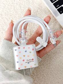 5件組彩色愛心圖案手機充電器保護套組，20W/18W，包含線材保護套與充電頭保護套，適用充電線與充電器保護套 - 彩色 - 查看 1