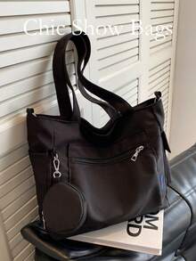 Bolso tote de tela negro liso para mujer, bolso de hombro con monedero redondo desmontable, múltiples bolsillos, bolso casual para compras diarias, escuela y desplazamientos - Multicolor - Ver 16