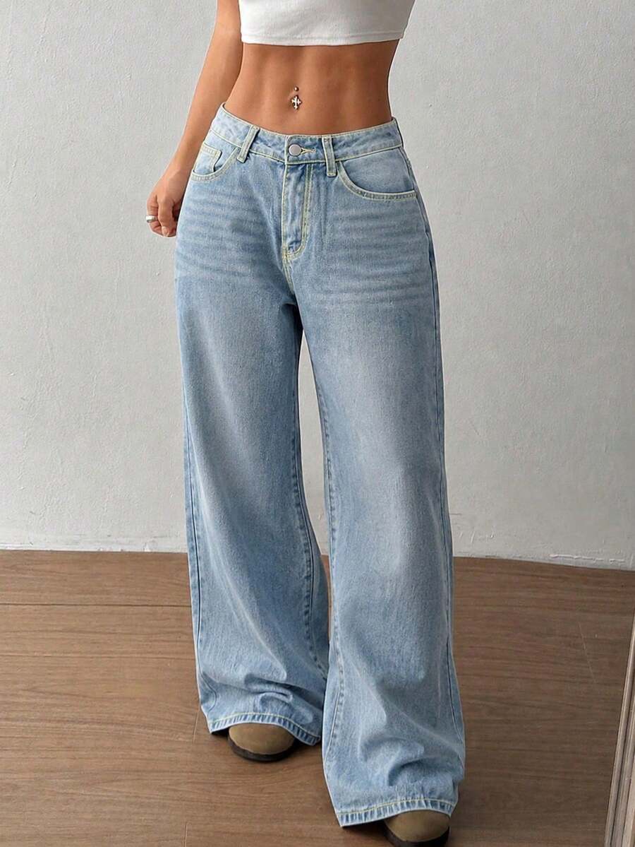 Women's Casual Long Straight Leg Jeans, Non-Stretch Light Wash, With Zipper Detail, Perfect For Creating Vintage Or Y2K Loose Style Fall - Blue - View 1