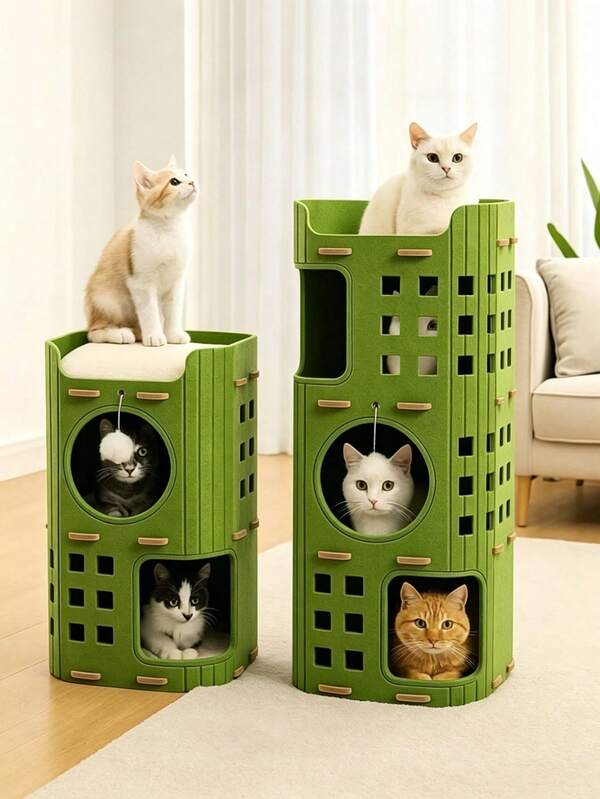 2/3 Lagen Filz Cut Out Katzenbett - Mehrschichtiges belüftetes Katzenapartment mit hängendem Ballspielzeug, Ganzjahres-Katzenbett
