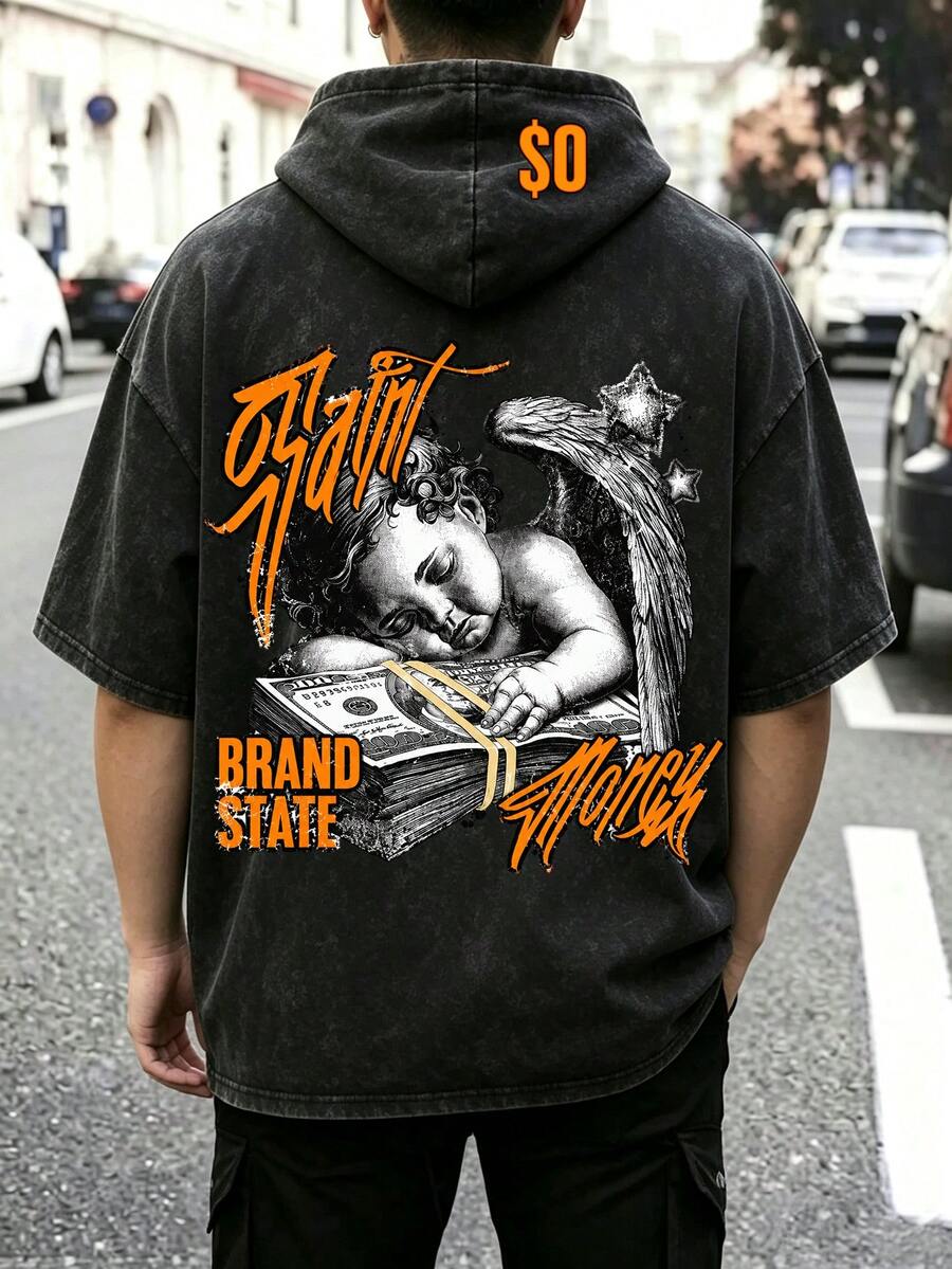[OBM Men's Wear - Aiyang] Summer Men's Washed Distressed Hooded Short-Sleeve T-Shirt, Casual Retro, Streetwear - Black - View 1