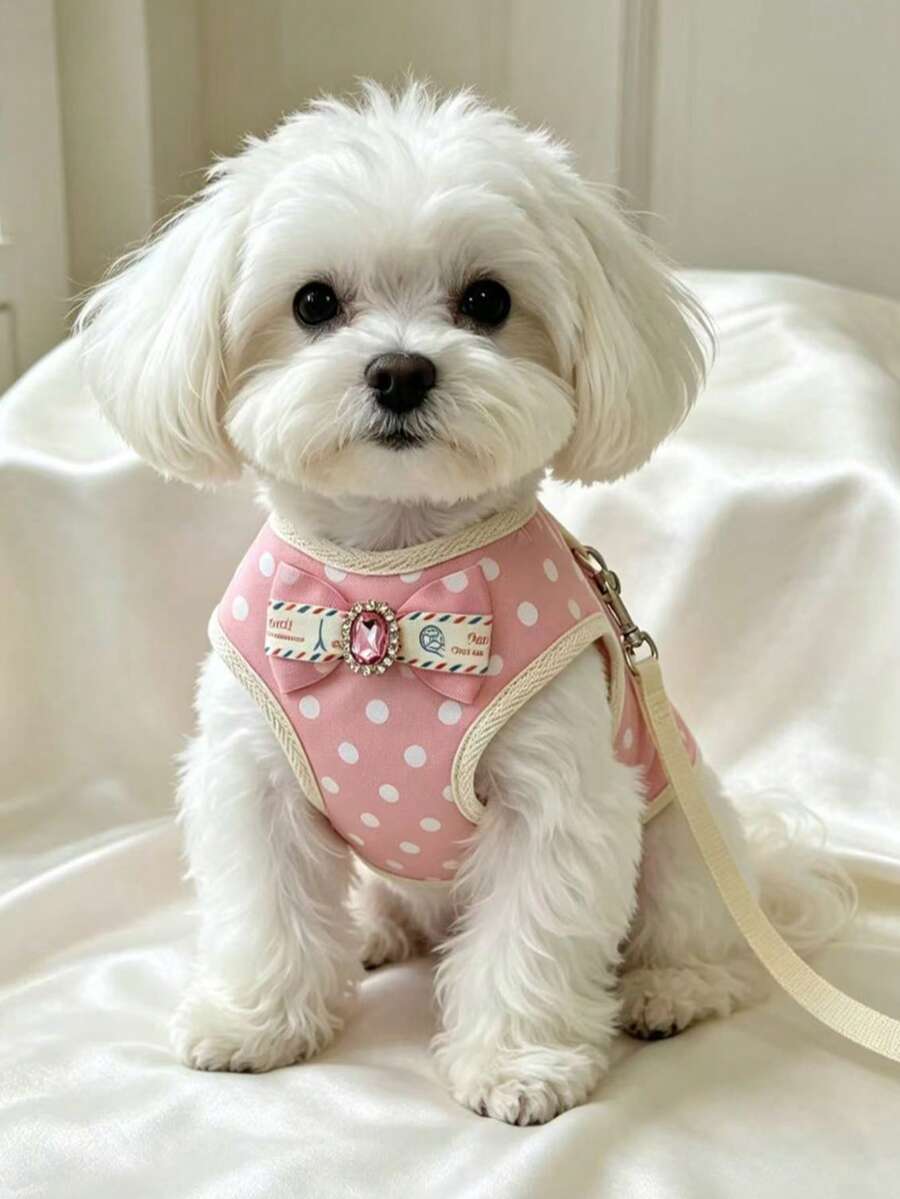 1 Set Cute Pet Harness & Leash Set, Pink Polka Dot Pet Harness & Leash Set With Gemstone Bowknot Decoration, Suitable For Cats And Dogs, Anti-Escape Pet Harness & Leash Set - Pink - View 1