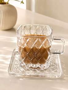 Square Textured Glass Coffee Cup & Saucer Set, Thick Transparent Espresso Cup With Handle, Woven Or Diamond Pattern, Dishwasher , Suitable For Coffee, Latte, Tea, Breakfast, Home & Office - Multicolor - View 4