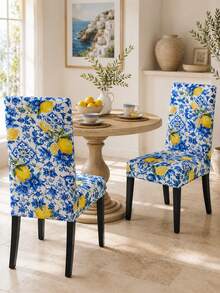 1/2/4/6Pcs Bright Yellow Lemon Blue Printed Chair Cover, Detachable High Back Protective Cover, Used For Kitchen And Home Dust Covers, Living Room And Bedroom Decoration, Outdoor Garden Decoration, And Essential Items For Party Events And Gatherings. - E - View 2