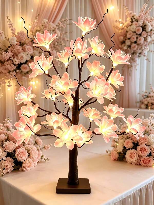 1pc 60CM Fiber Optic Flower Tree Light 24 LED Warm White 3x AA Battery Box USB Dual Power Supply Artificial Fiber Optic Flower Tree Light Bedroom Desktop Wedding Valentine's Day Party Homestay Decoration Ornament Lamp