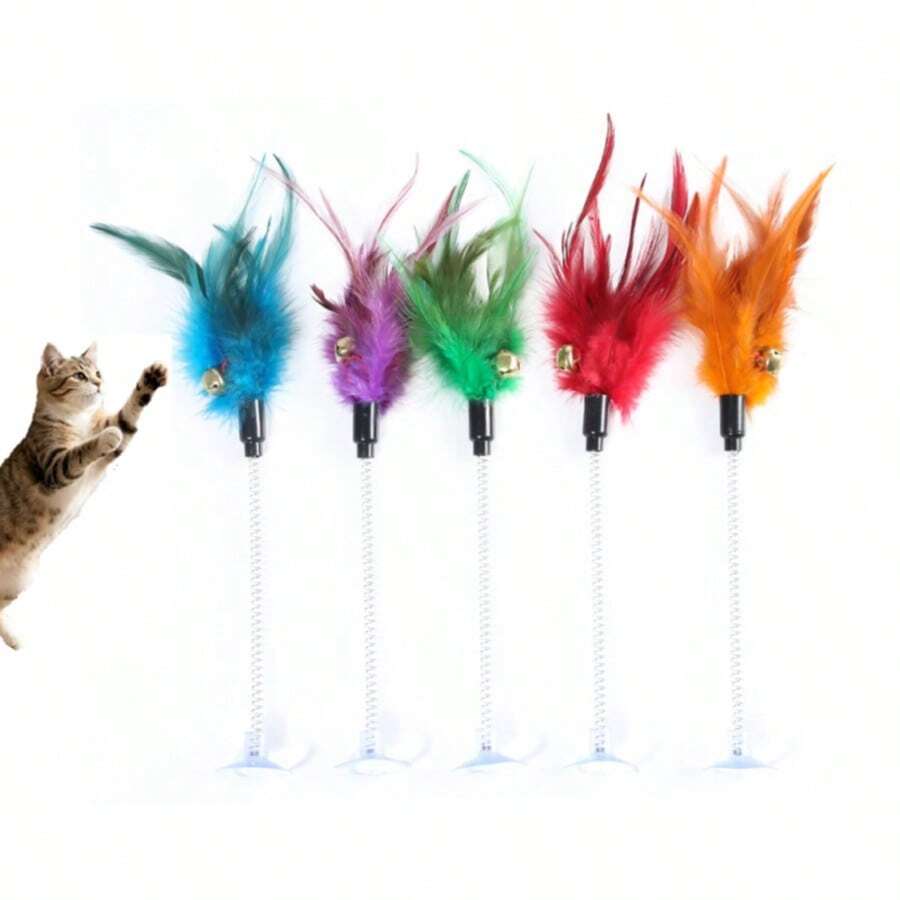 Cat Toy Set, Artificial Feathers, Indoor Cat Toys, Cat Feather Toy With Suction Cup Base, Relieve Boredom
