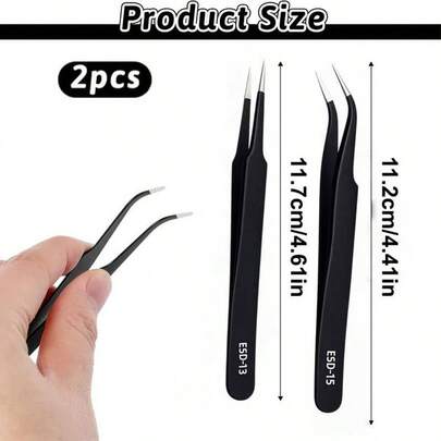 2pcs Premium Anti-Static Stainless Steel Tweezers Set - Ultra Precise, Industrial Grade Tools For Home Repair, Model Making And Electronics. Durable, Corrosion Resistant, Ergonomic Design