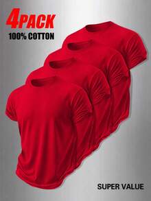 4-Pack Men's T-Shirts In Pure Cotton With Crew Neck And Print, Casual And Versatile, Ideal For Spring And Summer - 紅色 - 查看 1