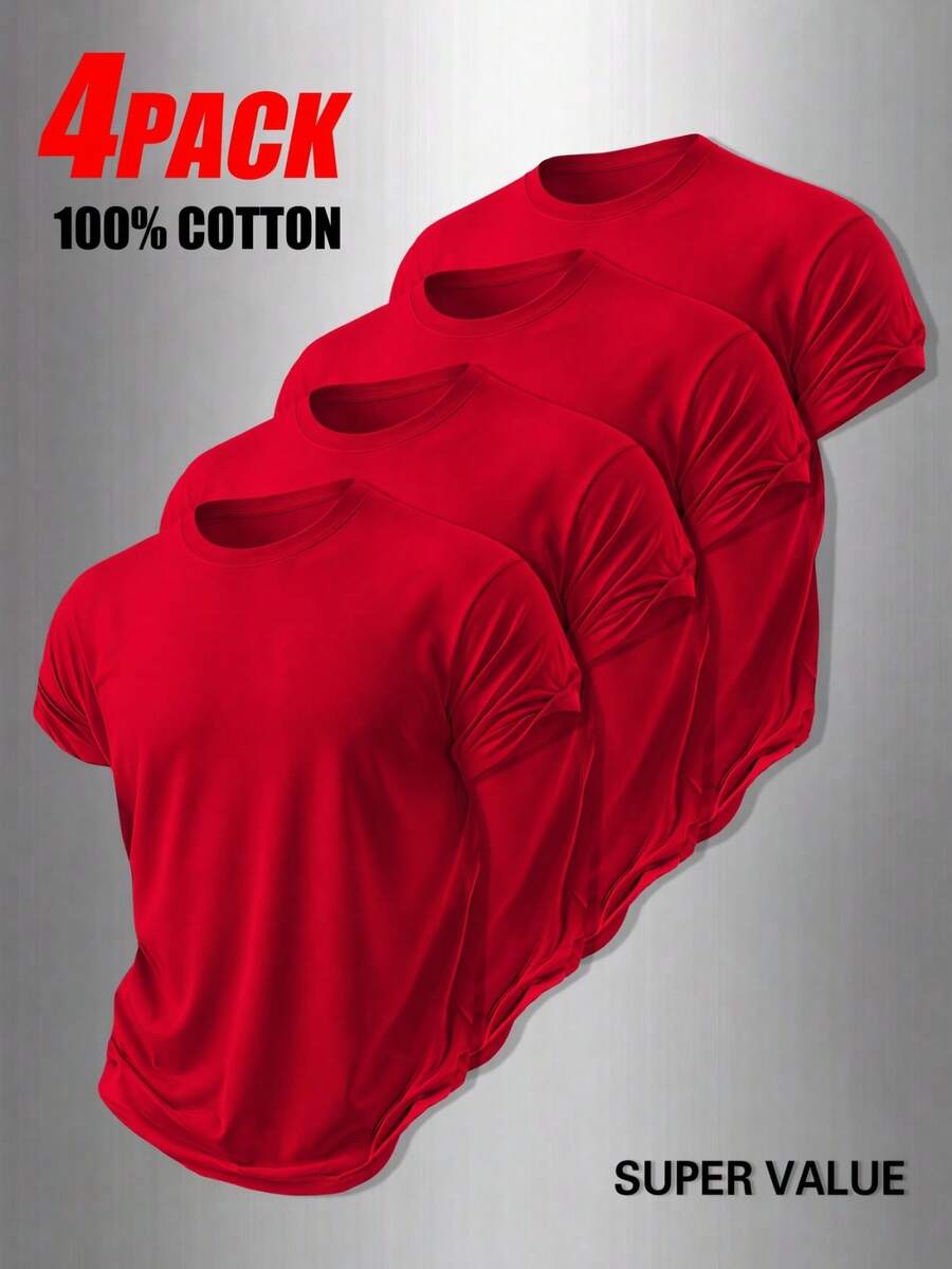 4-Pack Men's T-Shirts In Pure Cotton With Crew Neck And Print, Casual And Versatile, Ideal For Spring And Summer - 紅色 - 查看 1