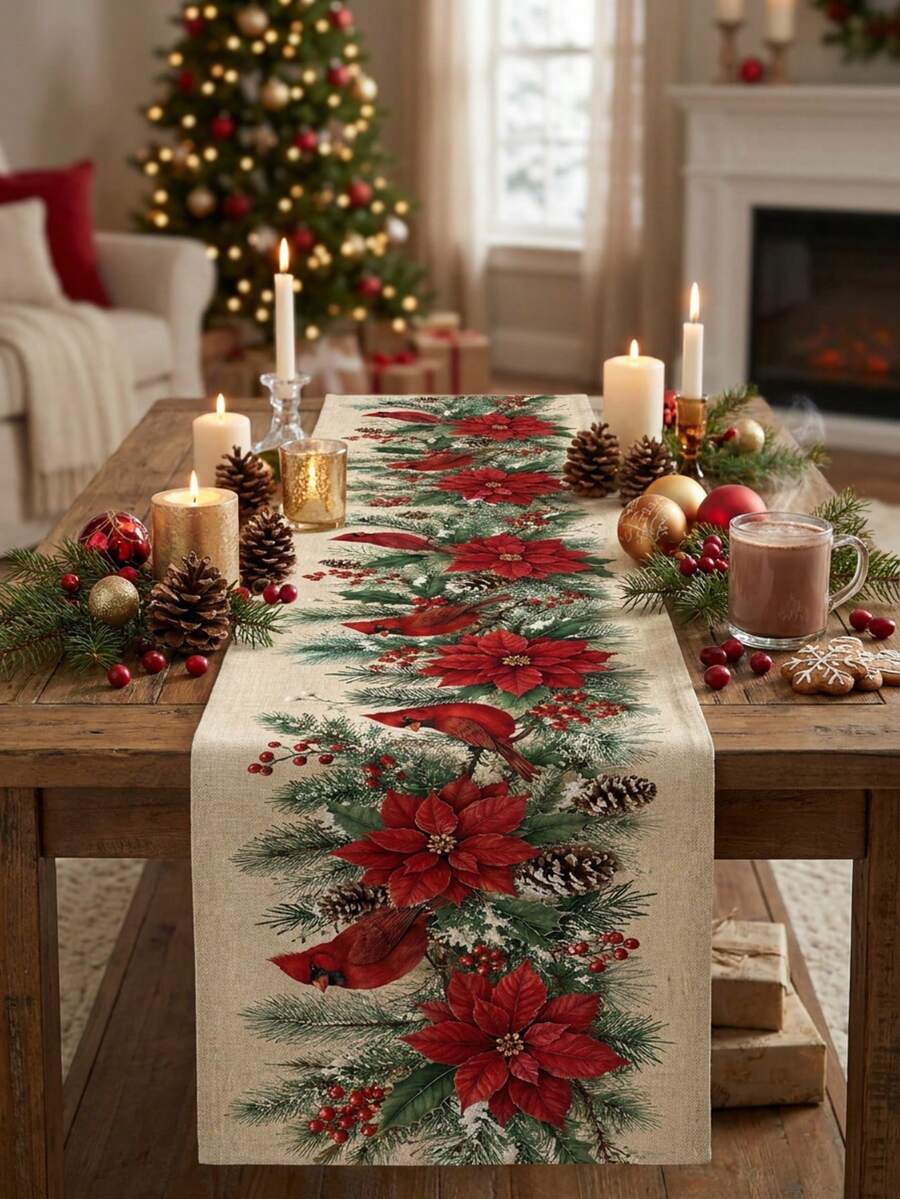 1pc Christmas Red Cardinal Poinsettia Print Table Runner, Pine Cone & Berry Table Runner, Suitable For Dining Table, Desktop, Fireplace Mantel, Living Room And Winter Holiday Decor - Multicolor - View 1