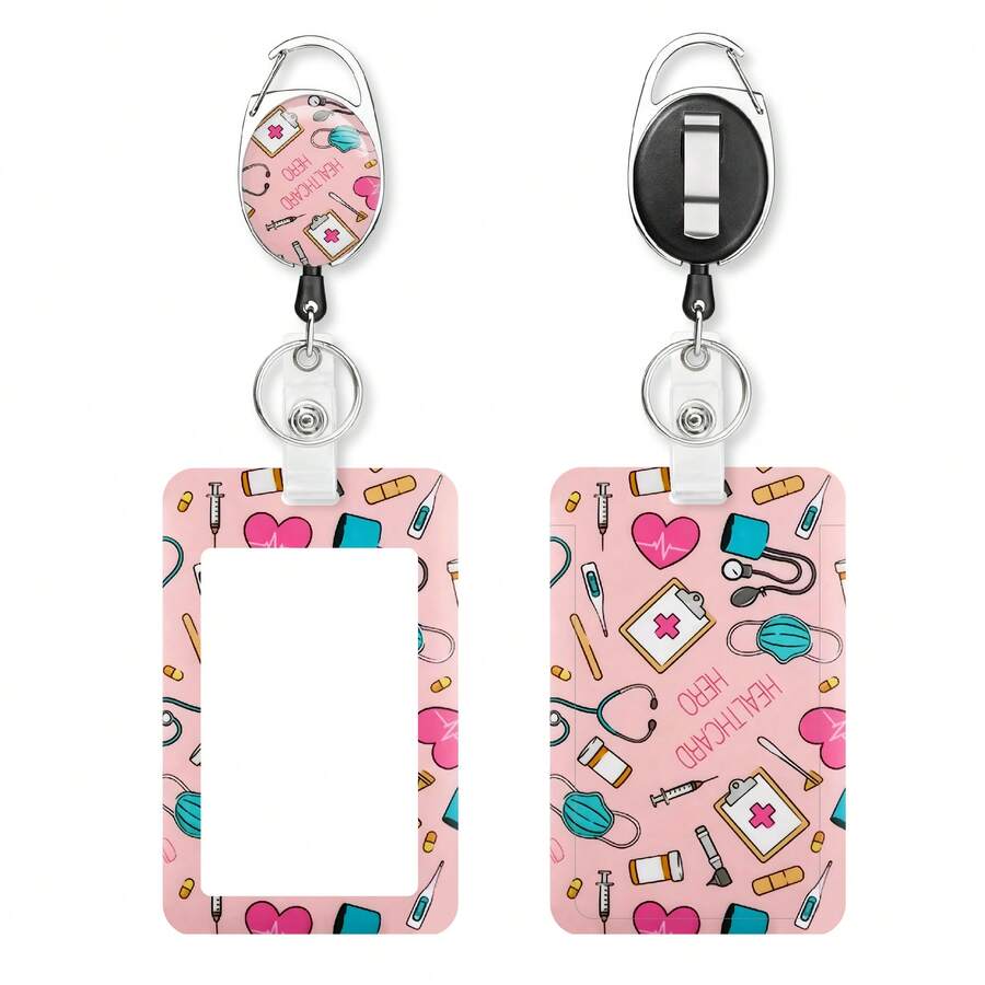 1pc-Medical Pattern Retractable Badge Reel With ID Card Holder, Carabiner Clip Nurse Work Name Tag Holder, Gift For Nurse Doctor Medical Student - Rectangle - View 1