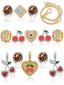 Set Vintage Dulce y Cool de Creación de Pulseras DIY con Estampado de Cereza & Leopardo, con Cadena de Extensión, Colgante de Cereza en Forma de Corazón, Cuentas Espaciadoras de Cristal y Dijes, Regalo de Joyería - Multicolor - Ver 6