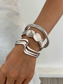3/1pc Vintage Exaggerated Geometric Design Wide Cuff Bracelet Set, Retro Textured Round Bangle - Silver - View 7