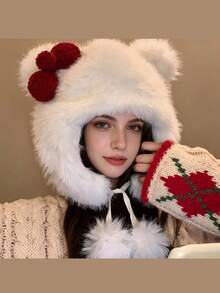 Cute Bow Plush White Earmuff Hat, Thick Warm Fluffy Beanie For Women, Daily Wear In Autumn/Winter - Multicolor - View 5