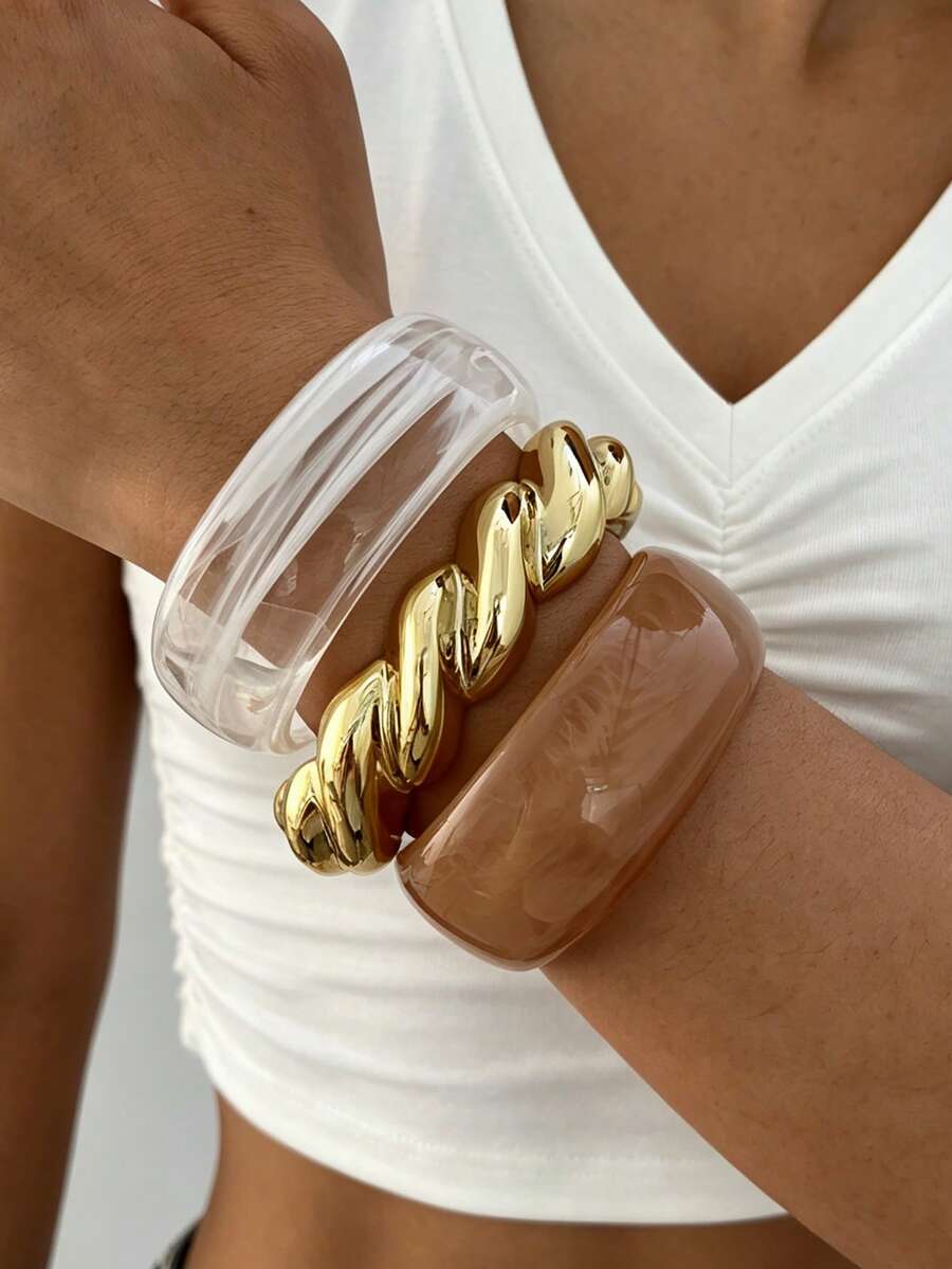 3pcs/1pc Vintage Elegant Casual Women's Multi-Color Acrylic & CCB Open Bangle Bracelet Set, Suitable For Daily Wear