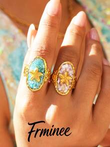 Frminee 2pcs/1pc Women's Gold Stainless Steel Starfish Open Ring, Oval Shell Statement Ring, Waterproof Ocean Beach Jewelry - Multicolor - View 2