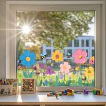 1PC Hand-Painted Colorful Wildflower & Bee Window Sticker, Fresh Pastoral Floral Glass Window Self-Adhesive Decorative Decal For Living Room And Kids Room - Multicolor - View 6