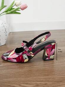 XBYASDF Women's Red Multicolor Printed Backless 7cm High Heel Square Toe Chunky Heel Ankle Strap Closed Toe Sandals Fashion Commute Shoes - Red - View 7