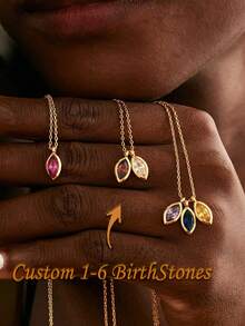 Customized Birthstone Leaf Necklace, Oval Birthstone Necklace, Anniversary Family Gift, Birthday Gift, Grandmother Gift, Mother's Day Gift (For Her) - Multicolor - View 3
