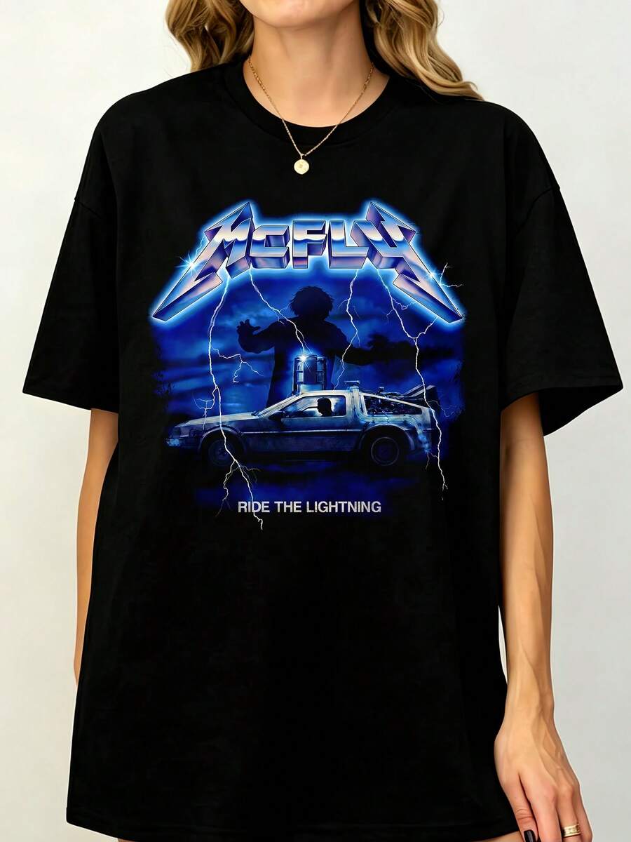 Back To The Future McFly Ride The Lightning Metallicass Style DeLorean Time Machine Blue Thunder Sky Vintage Mashup Unisex Fan T-Shirt Summer Autumn - 黑色 - 查看 1