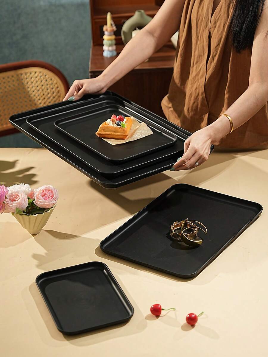 Black Shallow Tray, Used For Holding Food, Snacks, Drinks, Breakfast, Coffee, Rectangular Serving Tray, Durable Plastic PP Material - Black - View 1