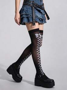 1 Pair Halloween Gothic Lolita Style Over-The-Knee Socks, Faux Lace-Up Bow Print, Suitable For Cosplay - Black - View 3