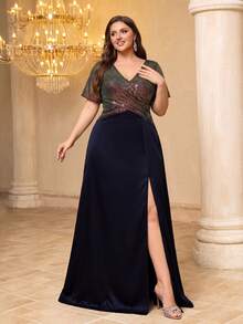 UNITHORSE Gaun Malam Satin Berpayet Patchwork Ukuran Plus untuk Pesta dan Perjamuan Wanita, Belahan Tinggi - Navy Blue - View 4