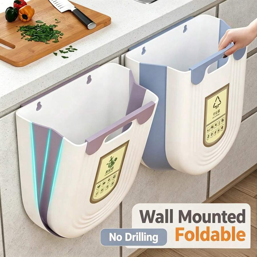 Wall-Mounted Folding Trash Can, Kitchen Cabinet Hanging Garbage Bin, Hands-Free Lid, Removable Inner Liner, Under Sink Trash Can, Compact Space-Saving Storage, Suitable For Bathroom, Office, Bedroom, Diaper Pail Alternative, Easy Installation, Stainless Steel Hook - A - View 1