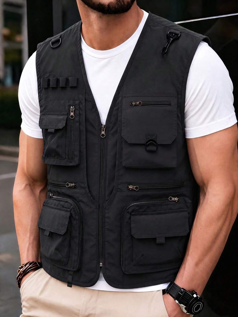 Chaleco delgado sin estiramiento para hombre de primavera/otoño para exteriores con bolsillos multifuncionales, chaqueta casual de utilidad para pesca & fotografía - Negro - Ver 1