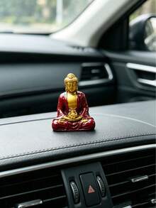 1pc Mini Buddha Statue For Car Dashboard, Red Gold Shakyamuni Buddha Figurine, Hindu Buddhist Decor For Vehicle Home Desk Ornament - A - View 3