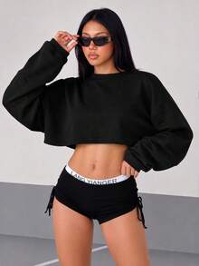 Mystra Solid Color Drop Shoulder Loose Short Sweatshirt Women's Minimalist Long Sleeve Casual Fashion Versatile Personalized Home & Outdoor Wear - Black - View 1