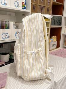 Dedoo Striped Student Backpack, Lightweight Washed Fabric, Front Pocket With Drawstring Side Pockets, Large Capacity Storage, Fresh Korean Style, Suitable For Teenage Girls Daily Use - Multicolor - View 7