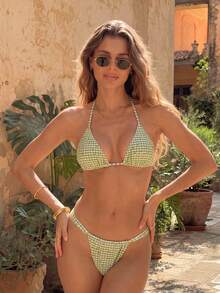 HOTTIE HABIT Women's Sage Green Plaid Lemon Print Halter Triangle Tie Bikini Top High Cut Sexy Triangle Bottom Cute 2-Piece Set Summer Beach Pool Swimsuit - Multicolor - View 2