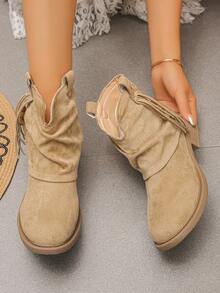 XfxfA Pair Of Fashionable Short Boots With Tassel, Bead, And Pleated Pile, Suitable For Commuting/Daily Travel. - Khaki - View 3