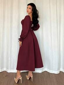 Women's Formal Square Neck Midi Dress, Long Pleated Ruffle Sleeves, Flared A-Line Non-Stretch Woven Fabric - Burgundy - View 2