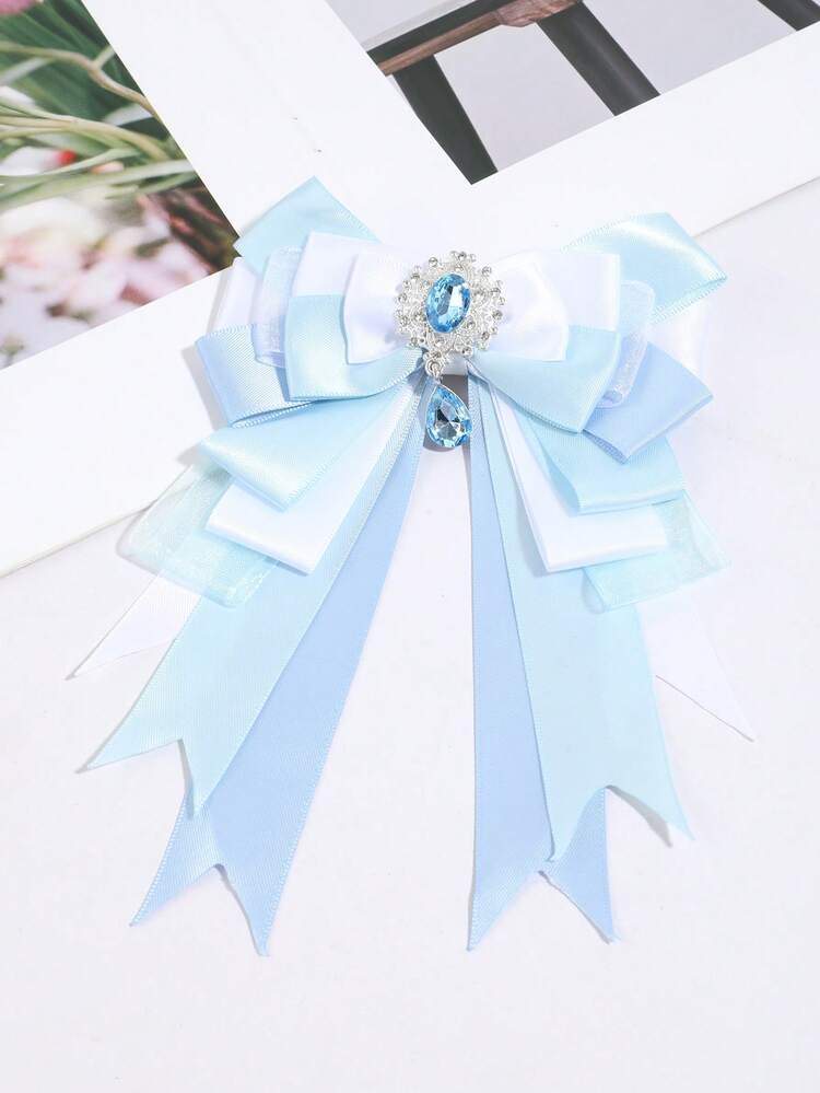 1pc Women Satin Ribbon Bow Brooch Rhinestone Crystal Pendant Sweet Lolita Shirt Suit Collar Accessory - Multicolor - View 9