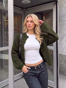 Nicenter Women's Fall‑Winter Cozy Wool Blend Fuzzy Knit Crew Neck Frog Button Oversized Cropped Cardigan Sweater Tops Fall‑Winter Clothes For Women - Army Green - View 9
