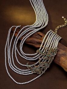 1pc Multi-Layer Pearl & Rhinestone Necklace, Vintage Palace Style Luxury Delicate Collarbone Chain, High-End Formal Dress Accessory - Multicolor - View 9