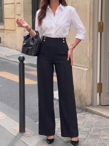 Women's Fashion Vintage Button Pocket Straight Leg Pants, Business Office - Black - View 6