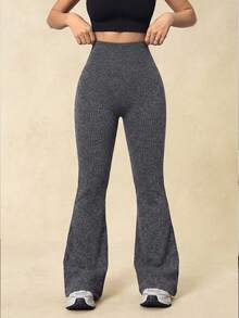 Vintage Heather Grey Seamless Ribbed Flared Leggings, Stretchy Wide Leg Fitness Pants For Home And Outdoor Wear Sports Fall - Grey - View 5