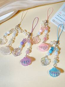 1pc Summer Ocean Vacation Style Phone Charm, Conch Shell Starfish Seashell Pearl Star Phone Chain, Phone Accessory, Keychain, Bag Pendant - Laser Shell - View 1