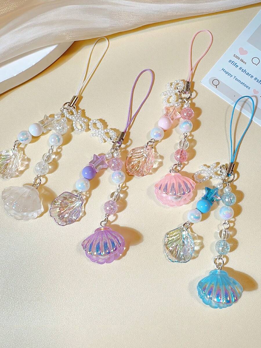 1pc Summer Ocean Vacation Style Phone Charm, Conch Shell Starfish Seashell Pearl Star Phone Chain, Phone Accessory, Keychain, Bag Pendant - Laser Shell - View 1